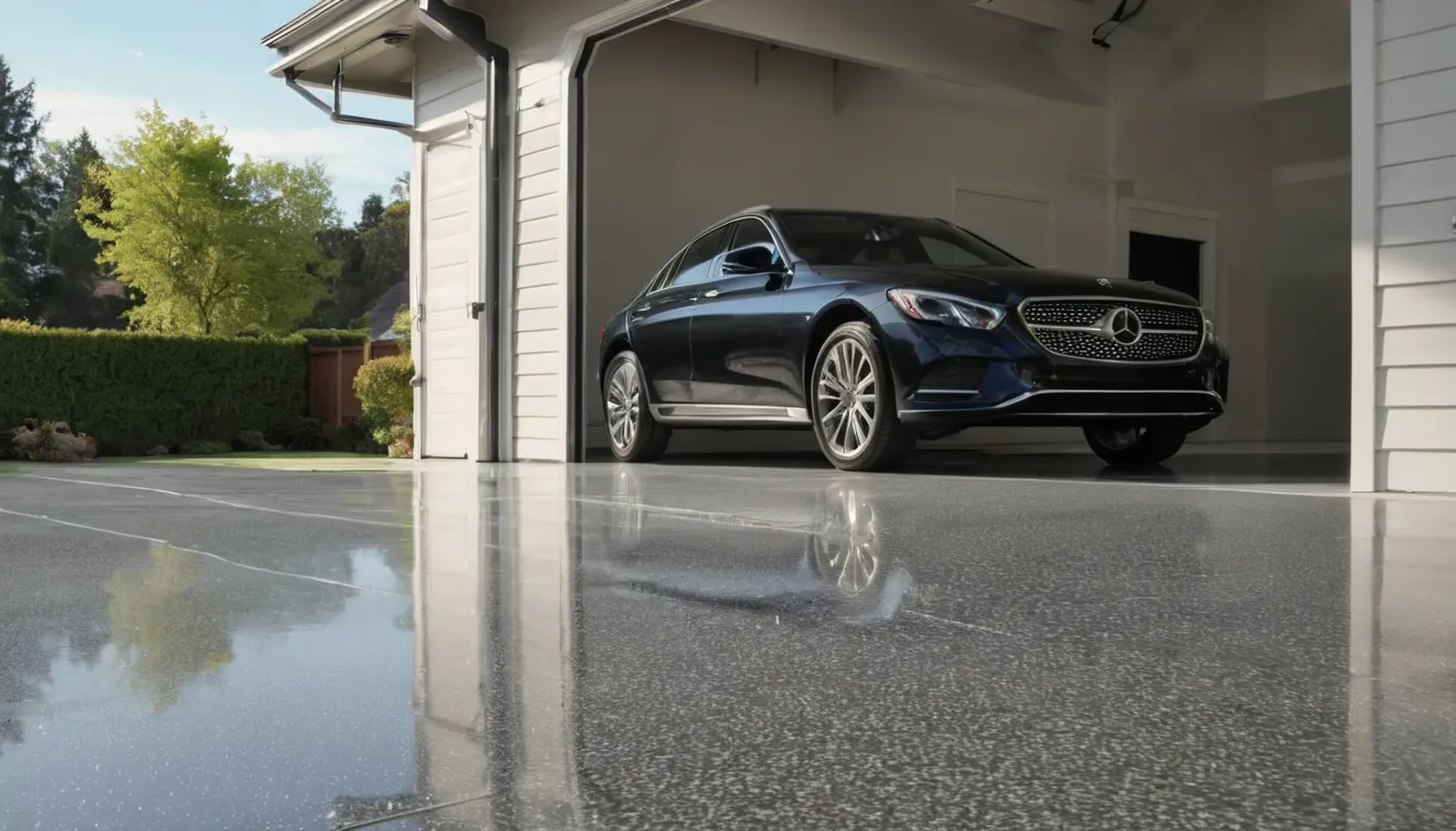 A freshly coated garage floor in a Godfrey home with a car parked on it