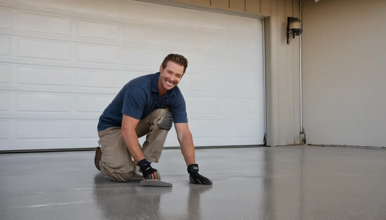 A provider rolling a clear polyaspartic top coat over a flaked garage floor near Godfrey